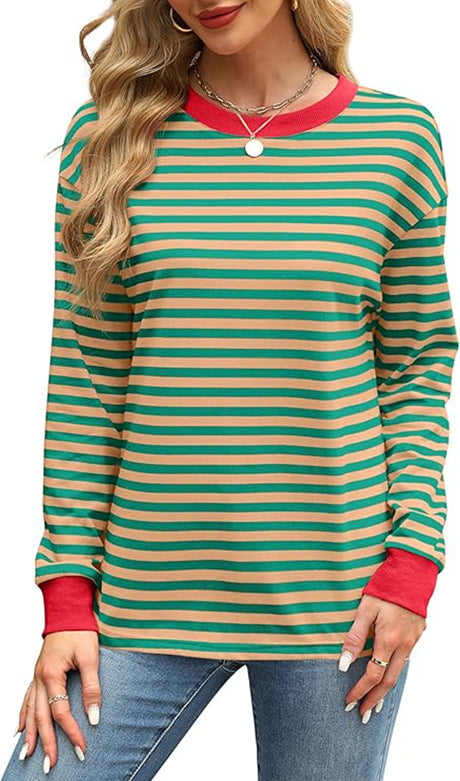 Color Contrast Striped Long Sleeve Top for Women