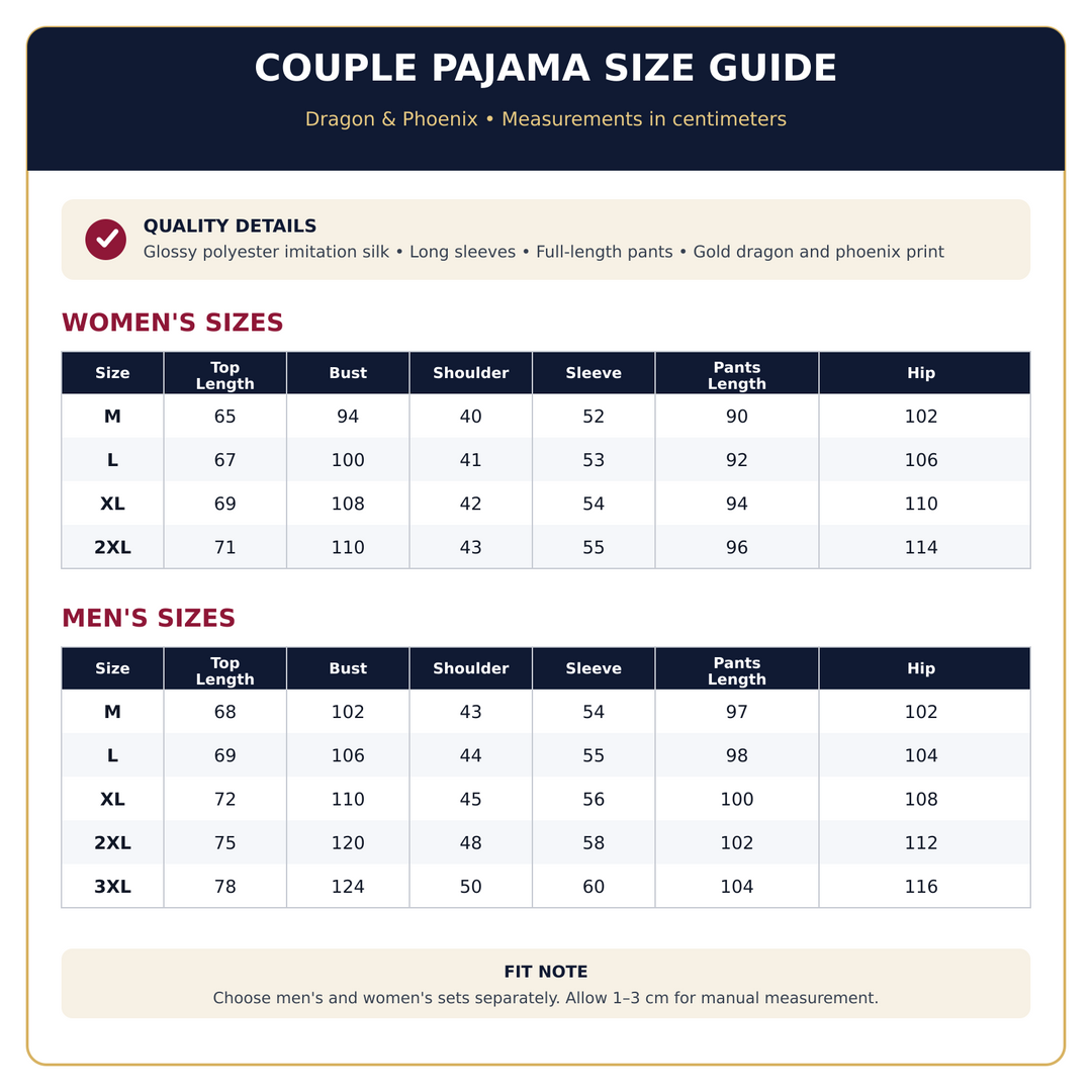 Matching couple pajamas size guide with separate men&