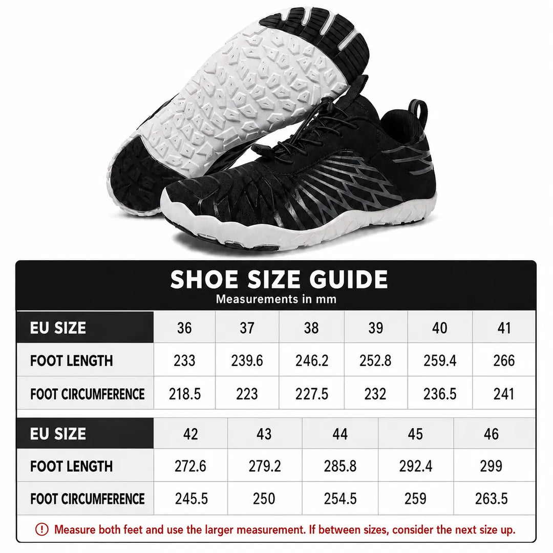 Unisex slip-on hiking shoes in black with a professional EU 36 to 46 size guide for easier measurement comparison for buyers.