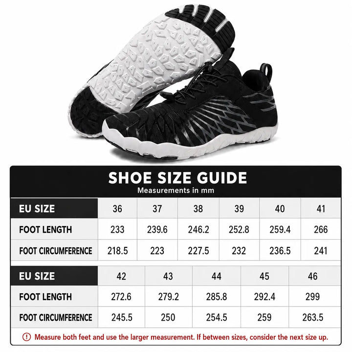 Unisex slip-on hiking shoes in black with a professional EU 36 to 46 size guide for easier measurement comparison for buyers.