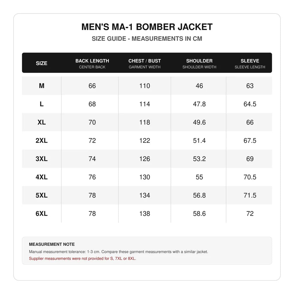 MA-1 pilot jacket size guide in cm: shows back length, chest, shoulder width and sleeve length for men&