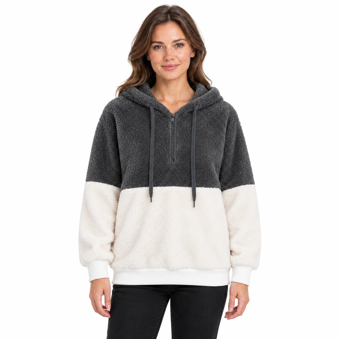 Model wearing the dark grey and ivory women&