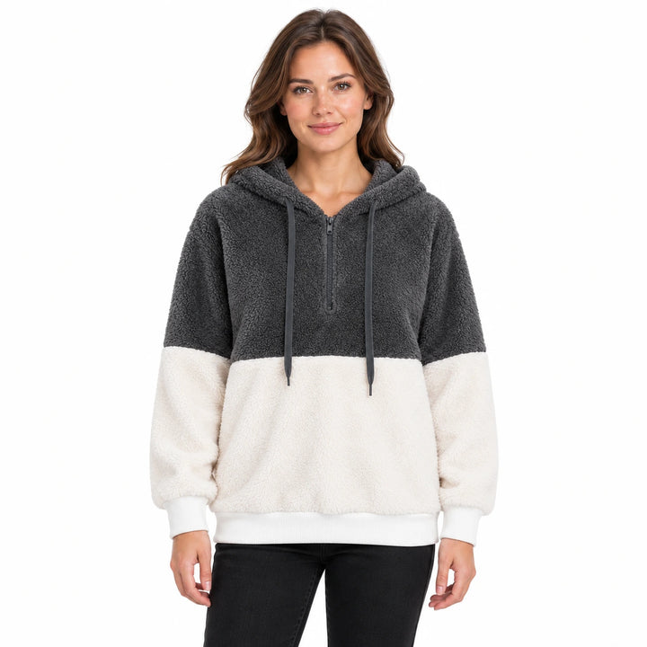 Model wearing the dark grey and ivory women&