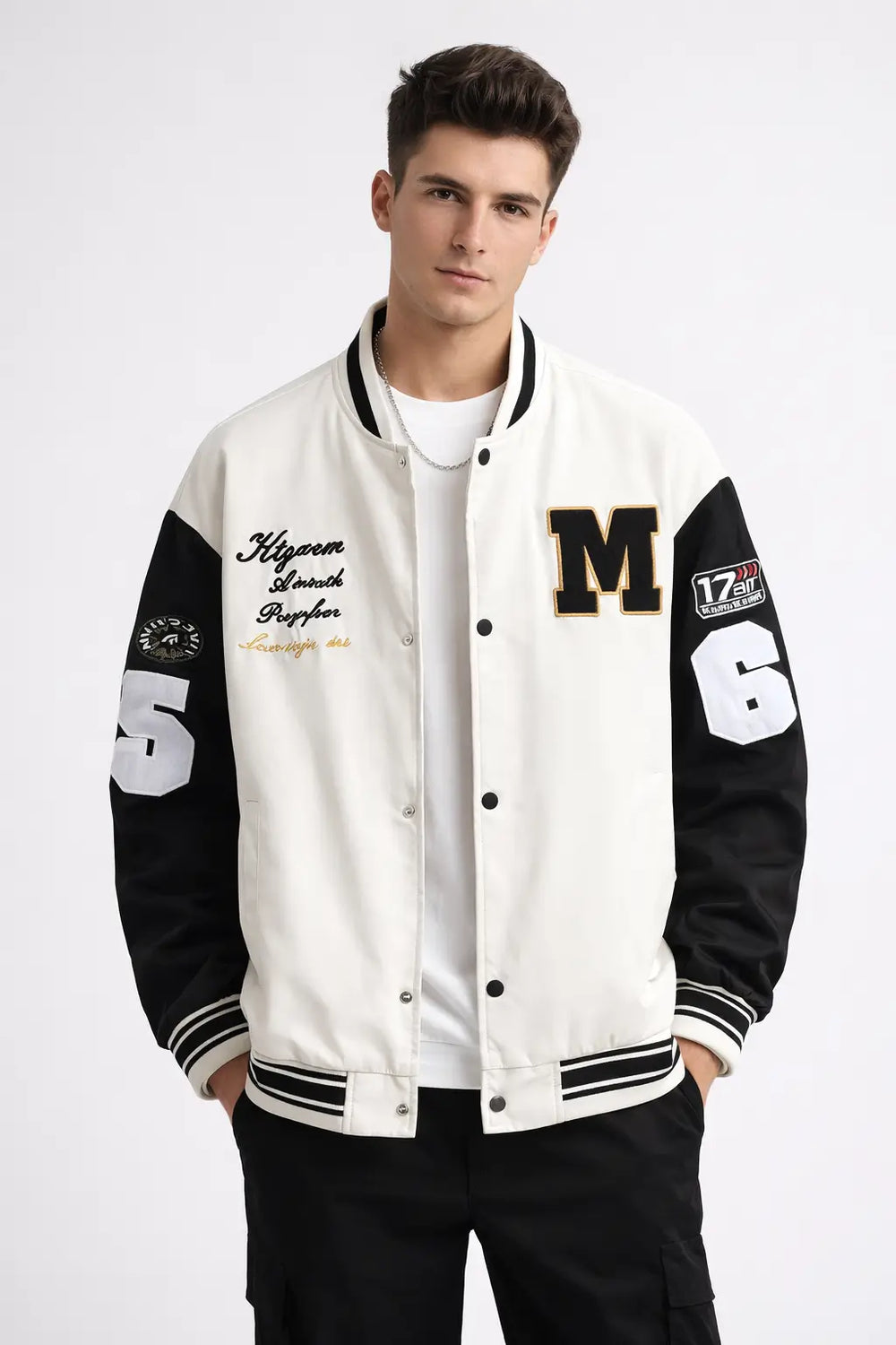 men's baseball jacket structured shoulder fit side profile natural light