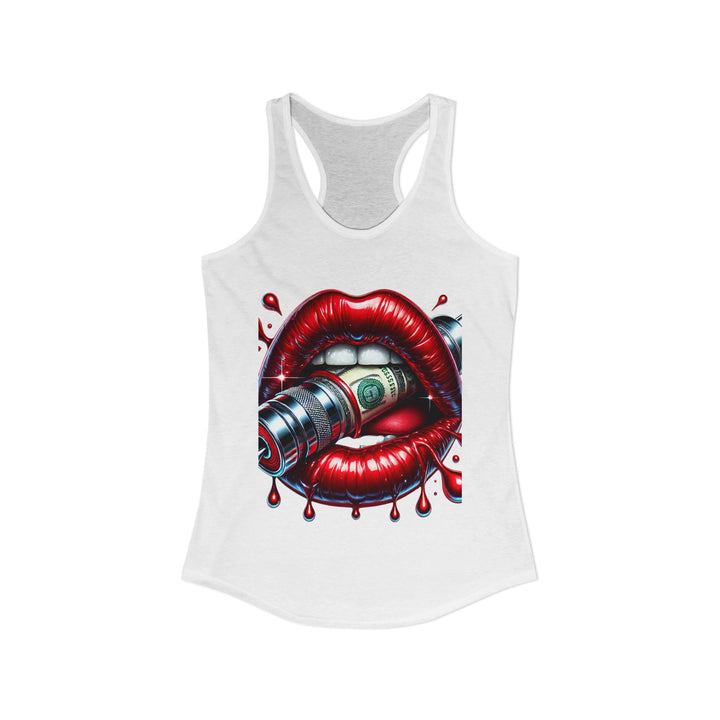 White tank top with a graphic design of red lips holding a money bill on a white background