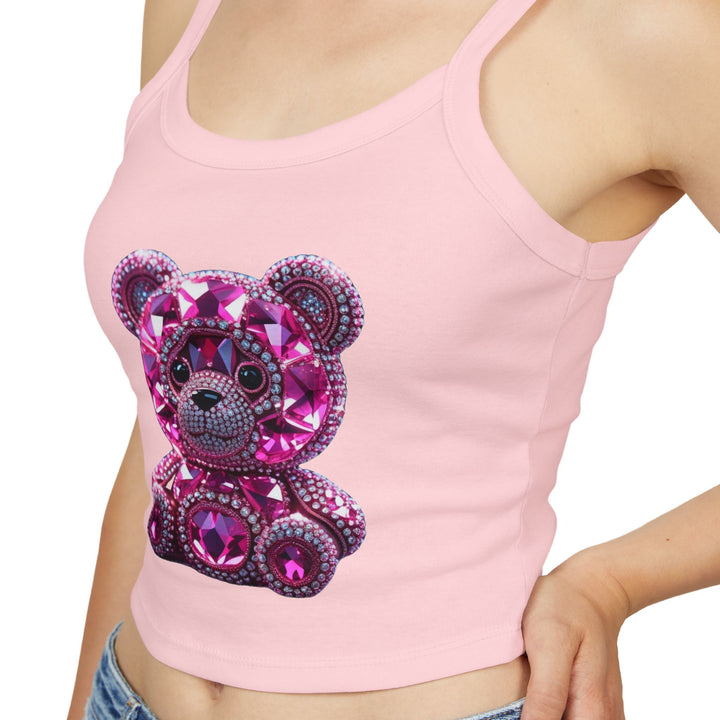 Pink tank top with a decorative bear design on a white background