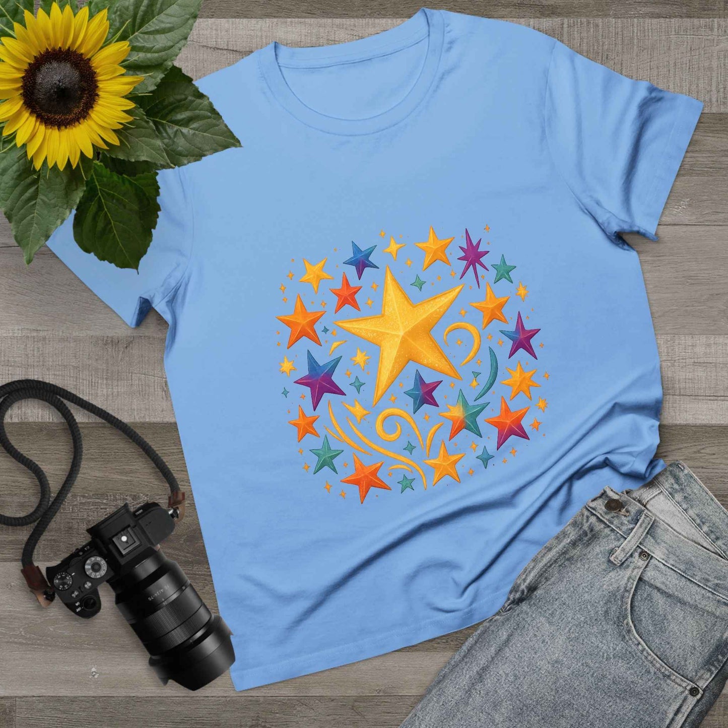 Women’s Vibrant Star Tee-100% Cotton Star Print T-Shirt
