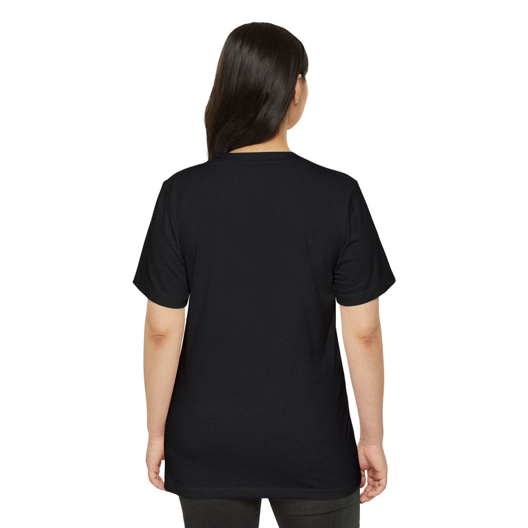 Person wearing a black t-shirt on a white background
