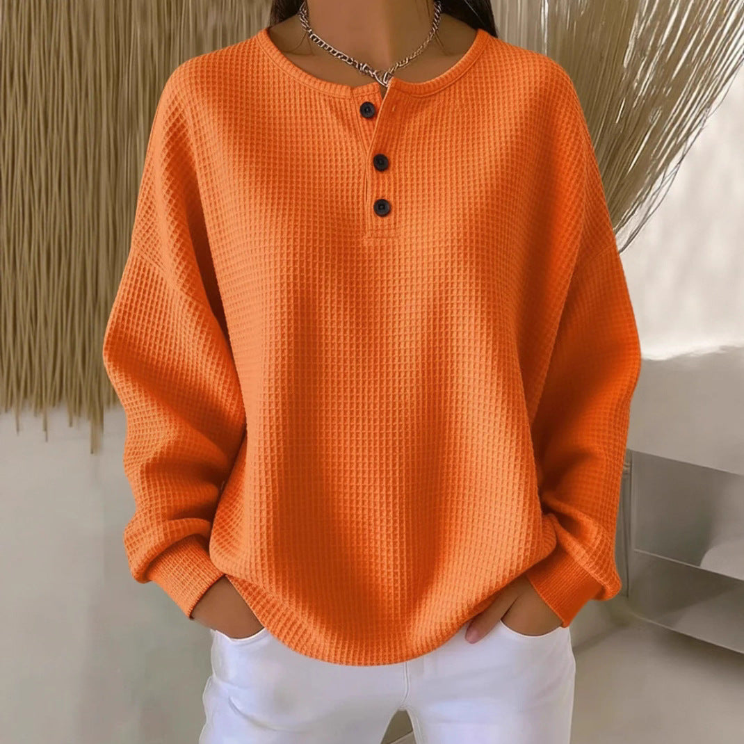 Waffle Long Sleeve T Shirt Women Loose Button Pullover Top