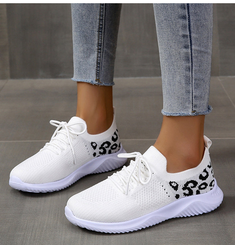 White Women’s Leopard Print Lace-up Sneakers