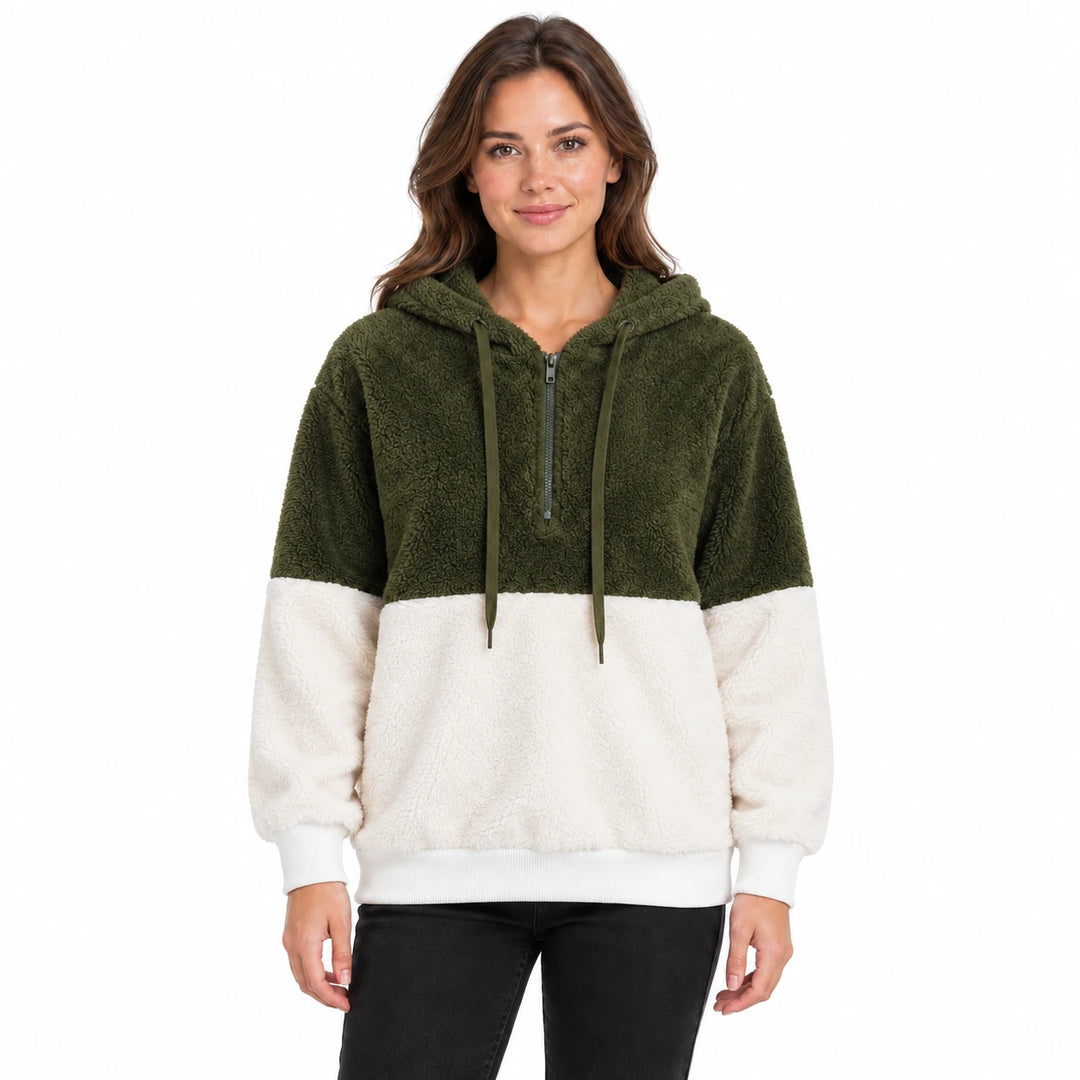 Model wearing the olive green and ivory women&