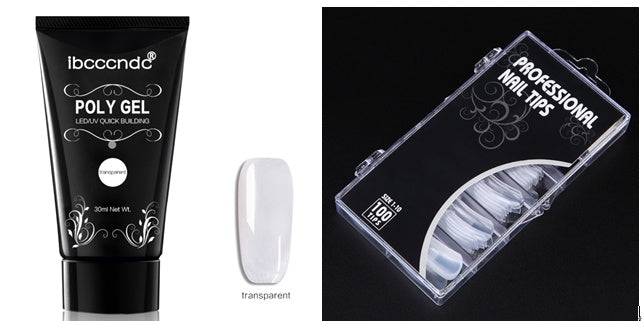 Complete nail extension kit contents including brush pen, base coat, top coat, and slip solution
