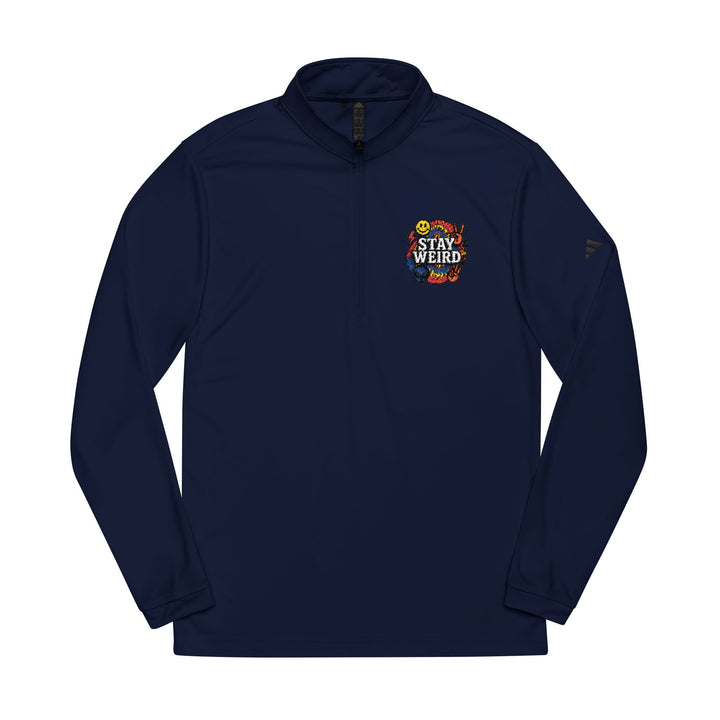 Navy unisex quarter-zip pullover with Stay Weird patch