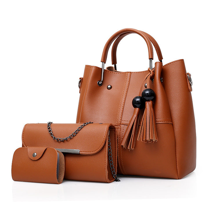 Women Three Piece Handbag Set - Tassel PU Leather Bag