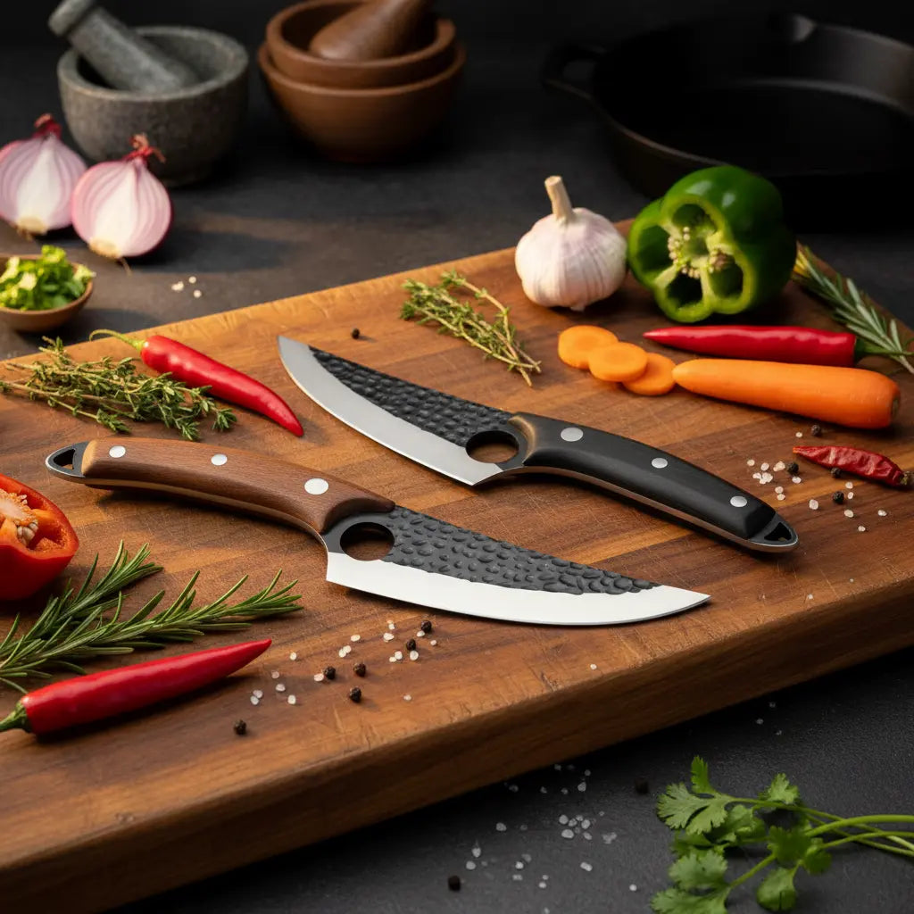 butcher knife curved blade balanced weight demonstration