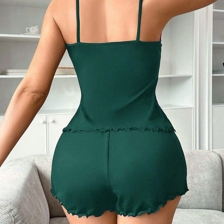 Ruffle trim pajama set with heart detail for women
