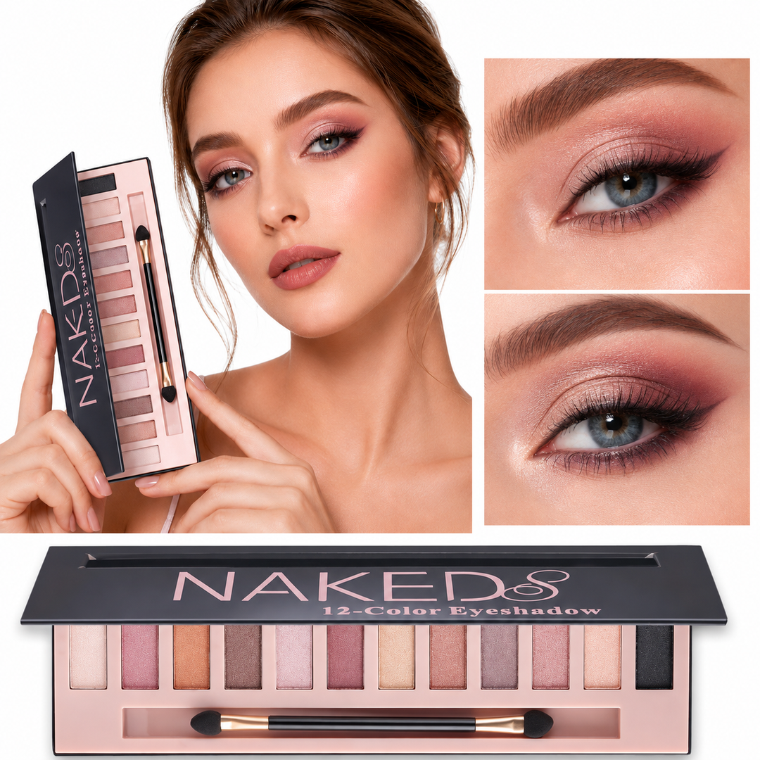 Eyeshadow palette with 12 colors shown in a beauty product collage for eye makeup looks, displayed clearly for design detail.