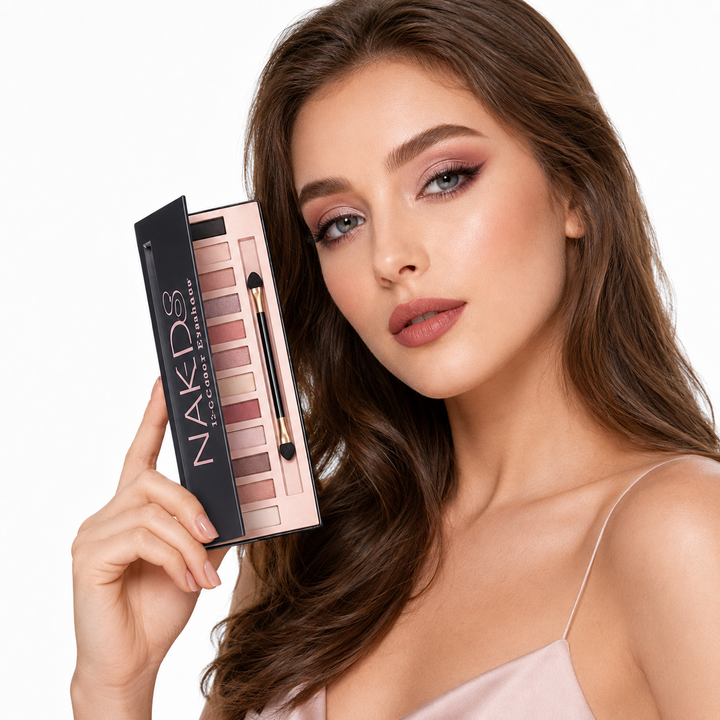 Rose eye makeup look shown beside the 12-color multi-shade palette, clean product view for easier comparison before ordering.