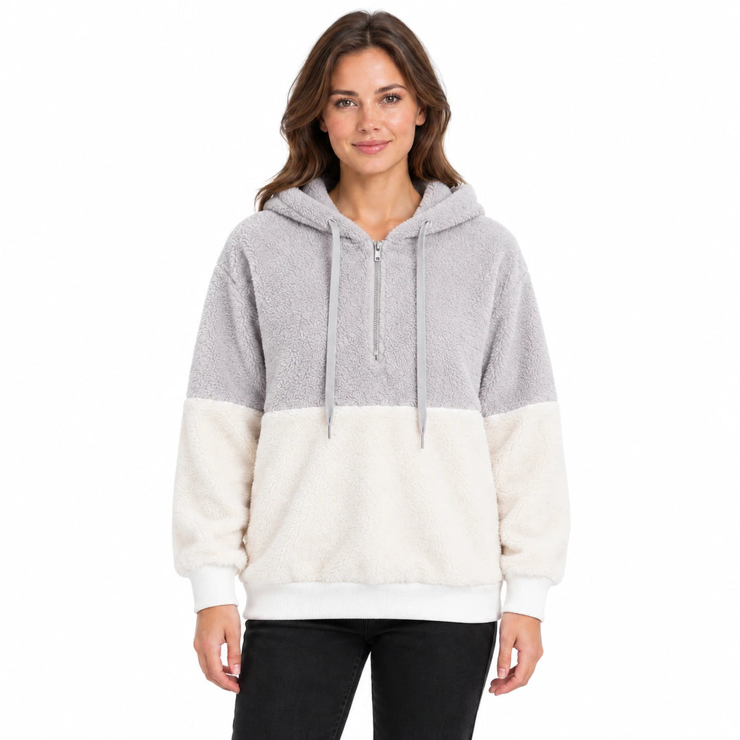 Model wearing the light grey and ivory women&