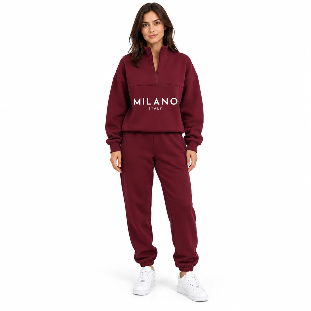 Woman wearing the burgundy Dark Red half zip sweatshirt and matching jogger set