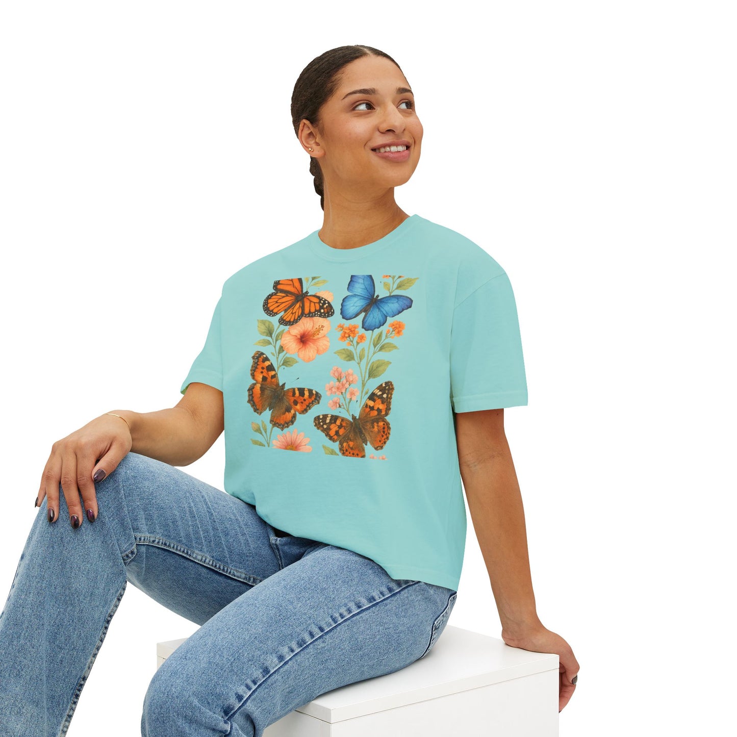 Butterfly Floral Women’s Boxy Tee – Vintage Style