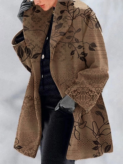 womens jackets sale style retro printed coat loose fit outfit with black trousers and heeled boots today
