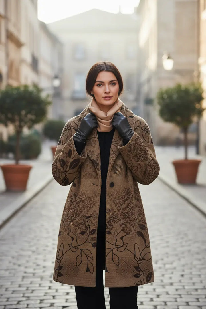 womens casual jackets retro lapel print coat cotton rich fabric close up of collar and stitching detail
