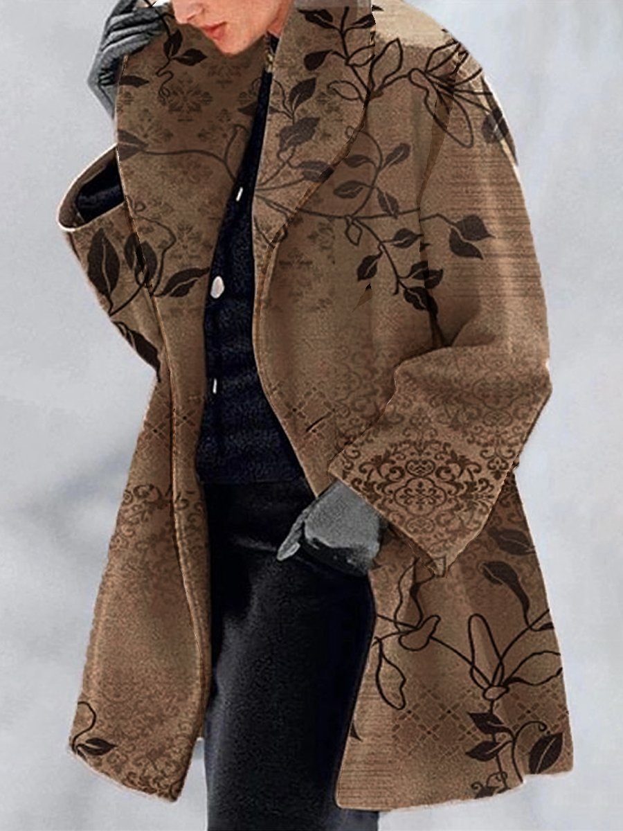 Womens Jackets - Retro Printed Lapel Coat, Cotton Blend