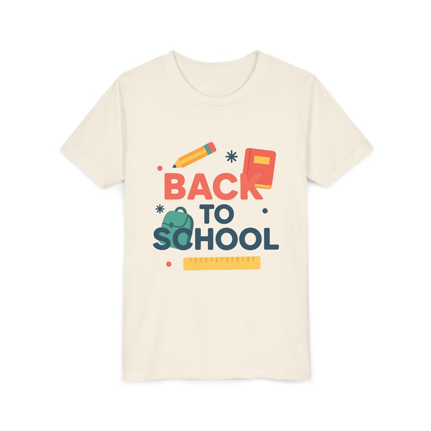 Youth cream tee with colorful back to school graphic