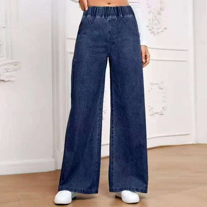plus size wide leg jeans side view highlighting straight cut and ordinary thickness