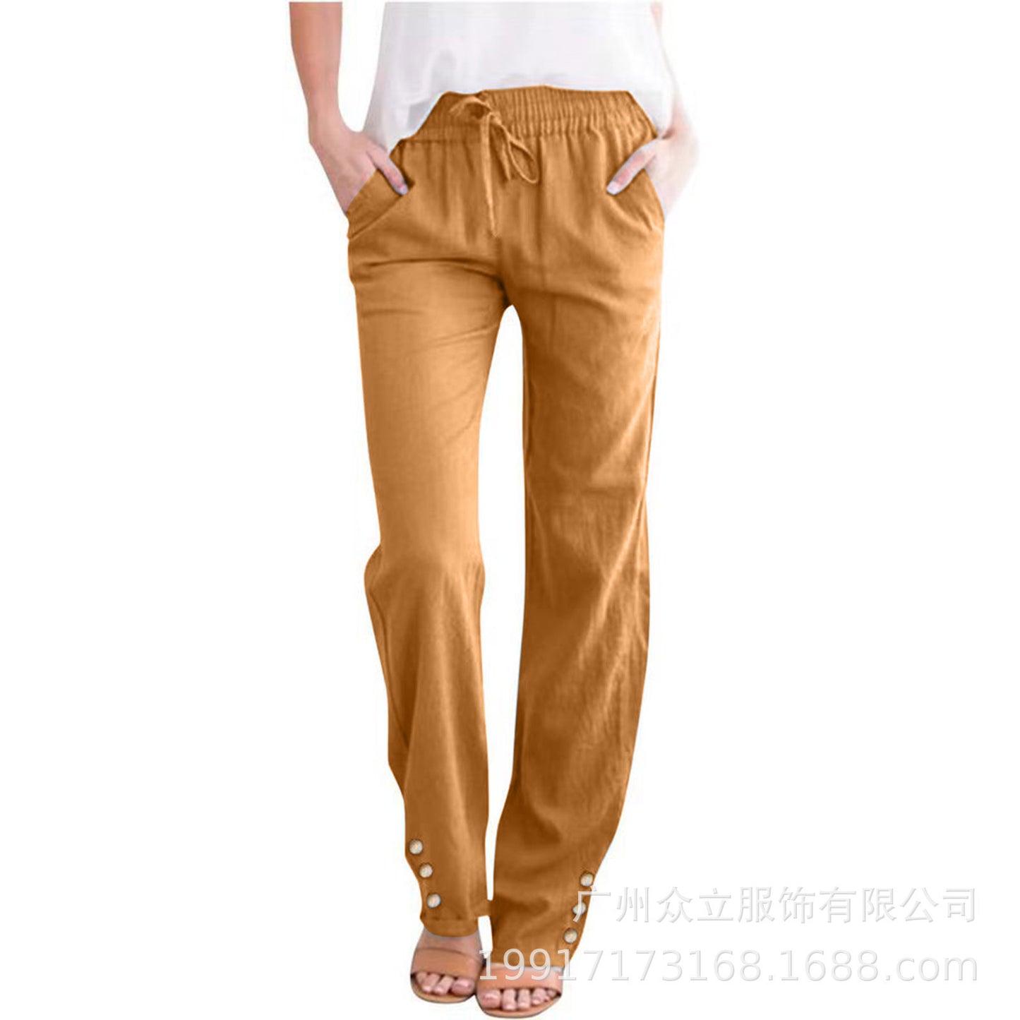 Women’s Cotton Linen Wide-Leg Trousers–Drawstring Pants