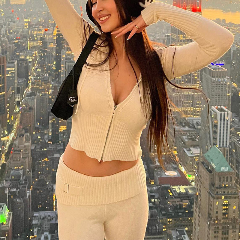 oversized zip up hoodie look zip hoodie women in blue with relaxed fit and matching high waist pants set
