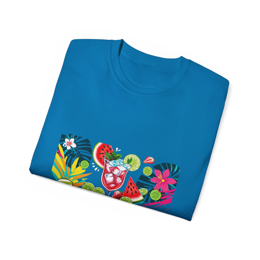 Folded blue t-shirt with tropical-themed design on a white background