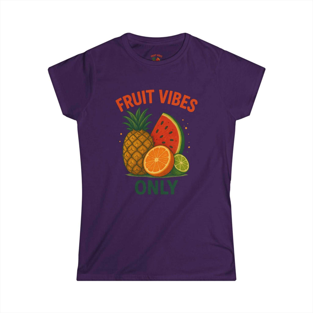 Purple tee with tropical fruit graphic and text