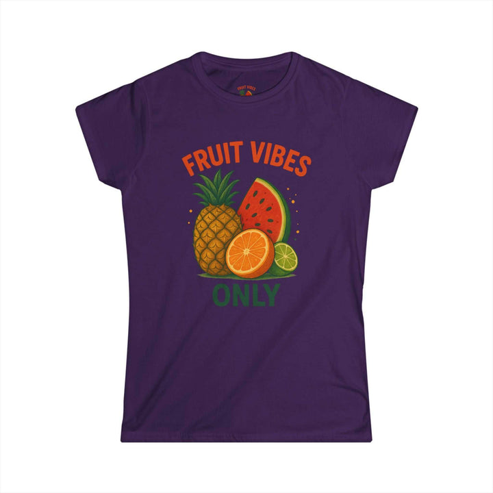 Purple tee with tropical fruit graphic and text