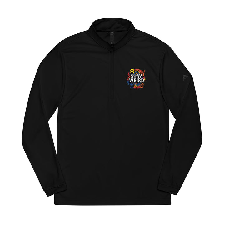 Black unisex quarter-zip pullover with Stay Weird patch