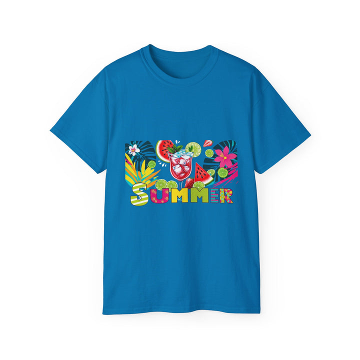 Folded beach party t-shirt highlighting breathable fabric and clean stitching
