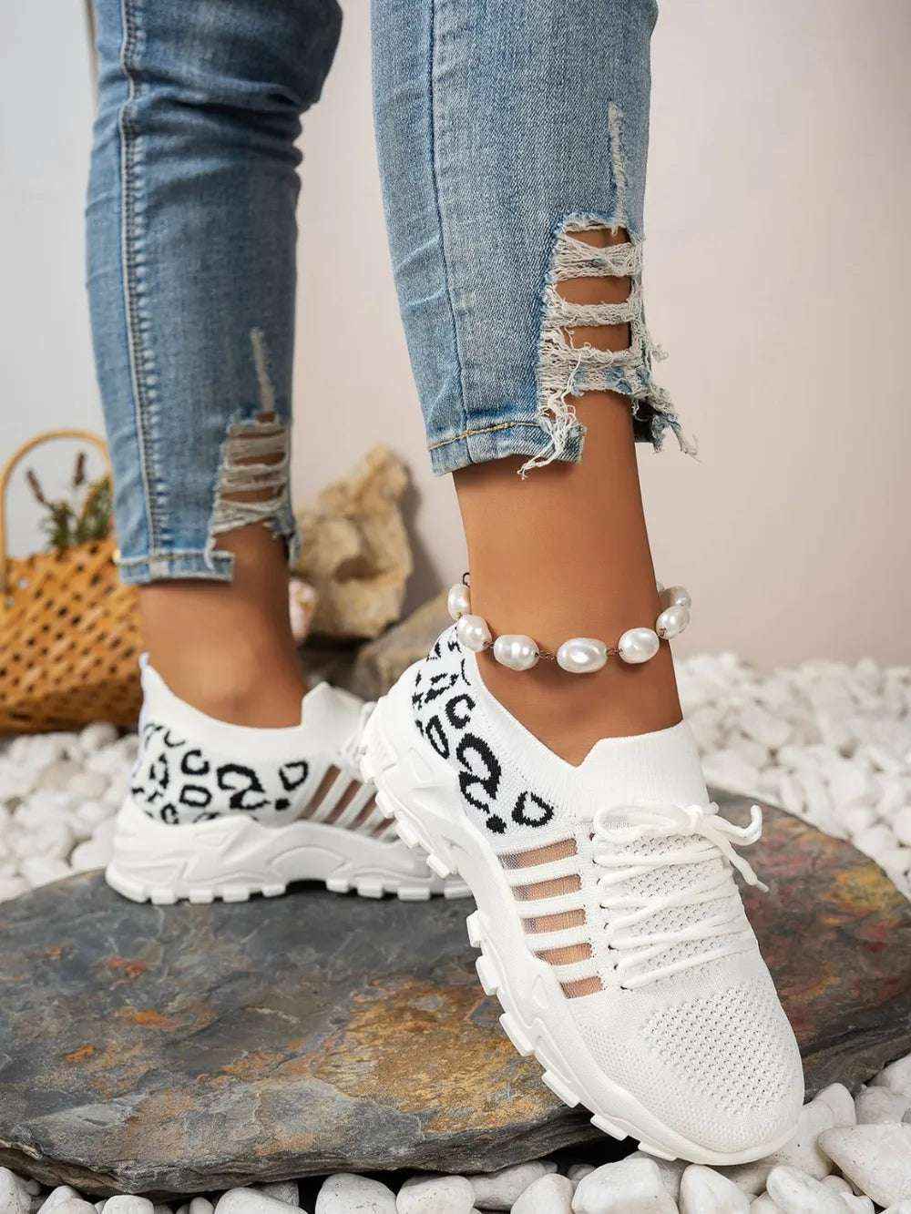 Leopard Cutout Mesh Lace-Up Sneakers - Stylish Flats