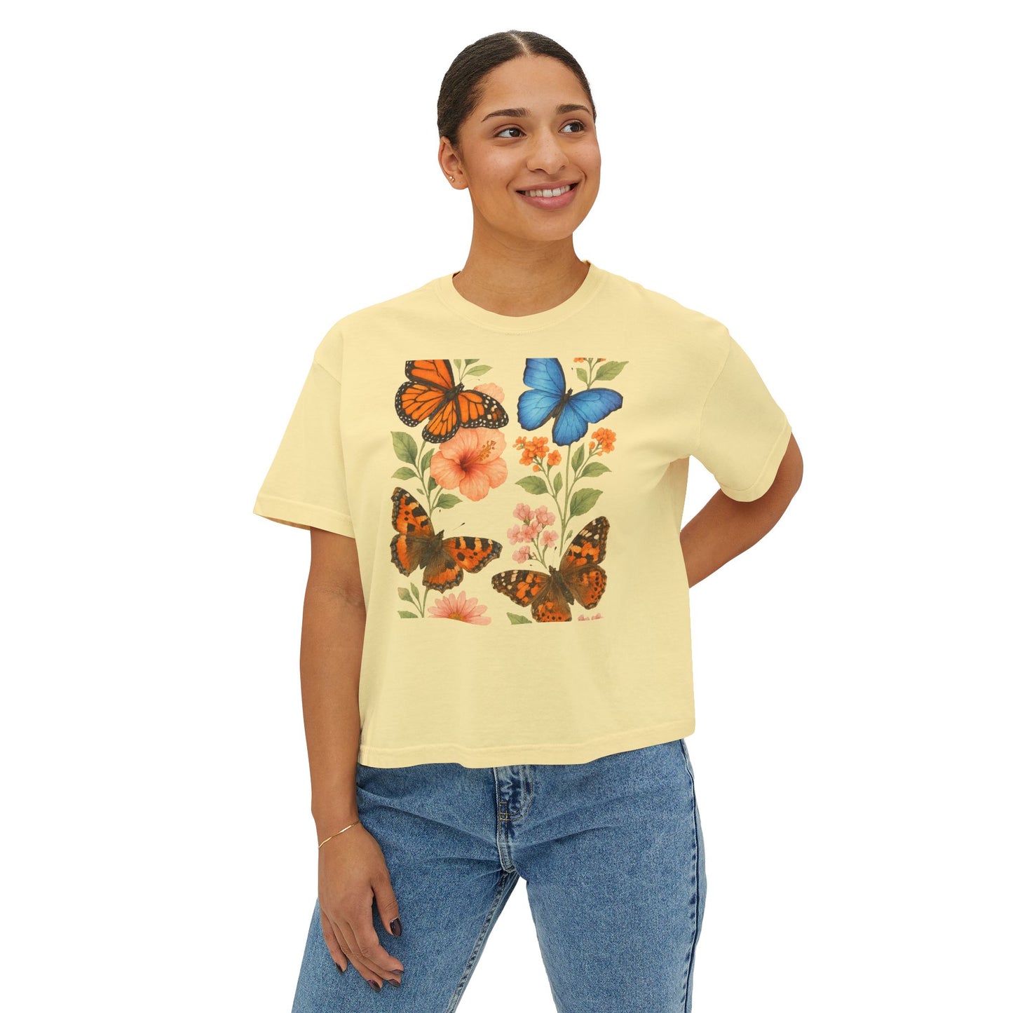 Butterfly Floral Women’s Boxy Tee – Vintage Style