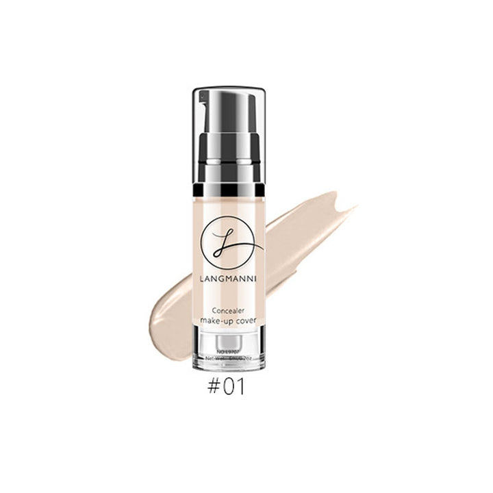 Liquid foundation concealer with visible beige swatch and numbered shade choice shown beside its 6 ml pump bottle for makeup.