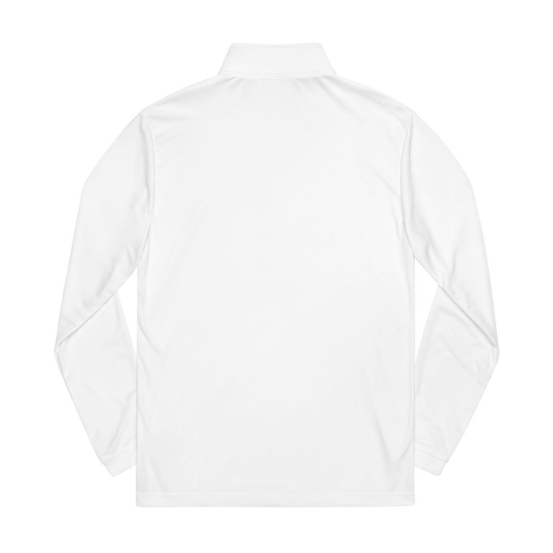White unisex quarter-zip pullover back view