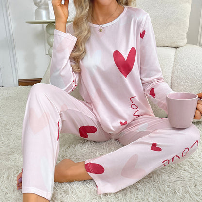 Pink two piece lounge set women long sleeve shirt matching pants home comfort wear
