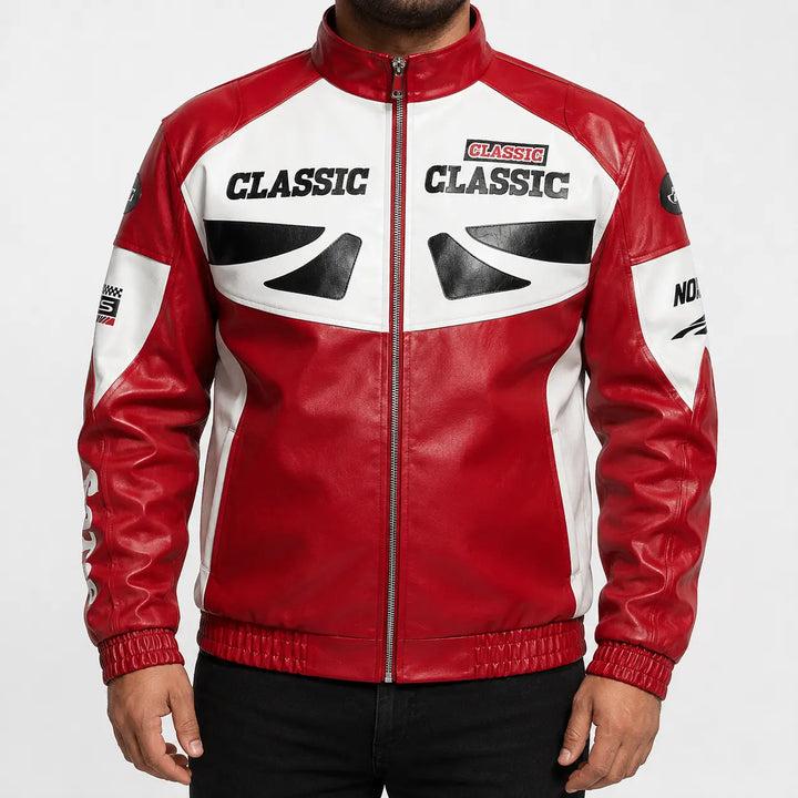 Red colorblock zip-up jacket full front view with zipper, high stand collar, contrast white panels and printed front graphic.