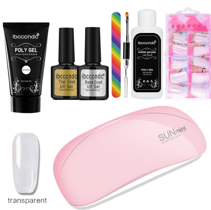 Poly gel nail kit opened and ready to use on clean white vanity table
