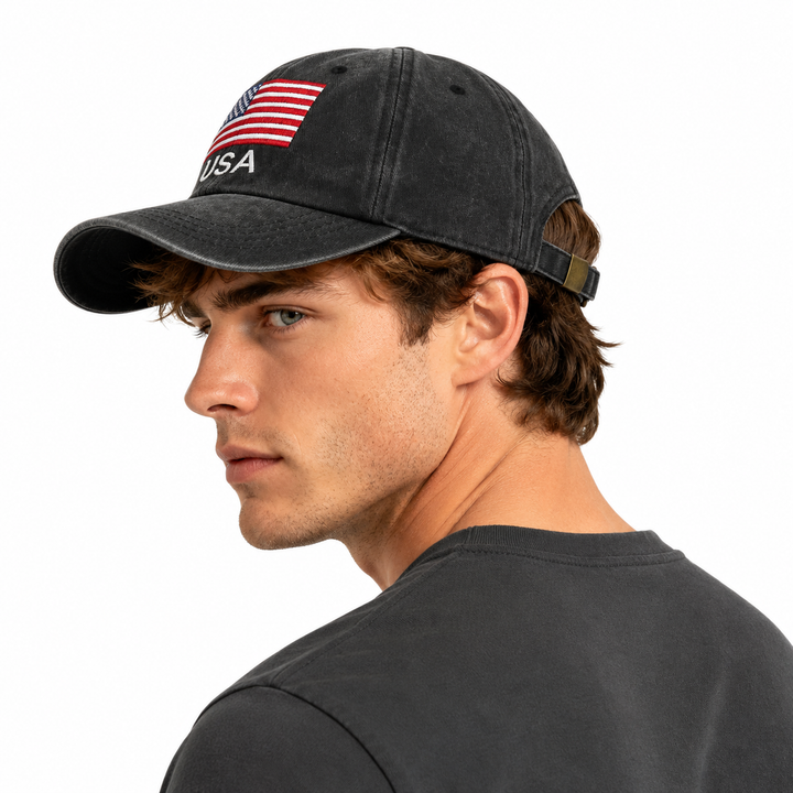 Patriotic USA flag hat set with vintage washed finish, cotton fabric, clear embroidery and flexible unisex sizing for adults.
