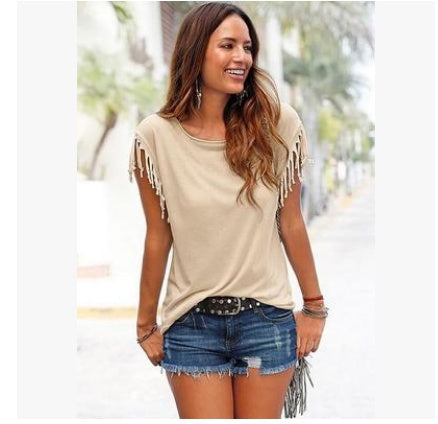 plus size tassel t shirt breathable cotton blend fabric close texture