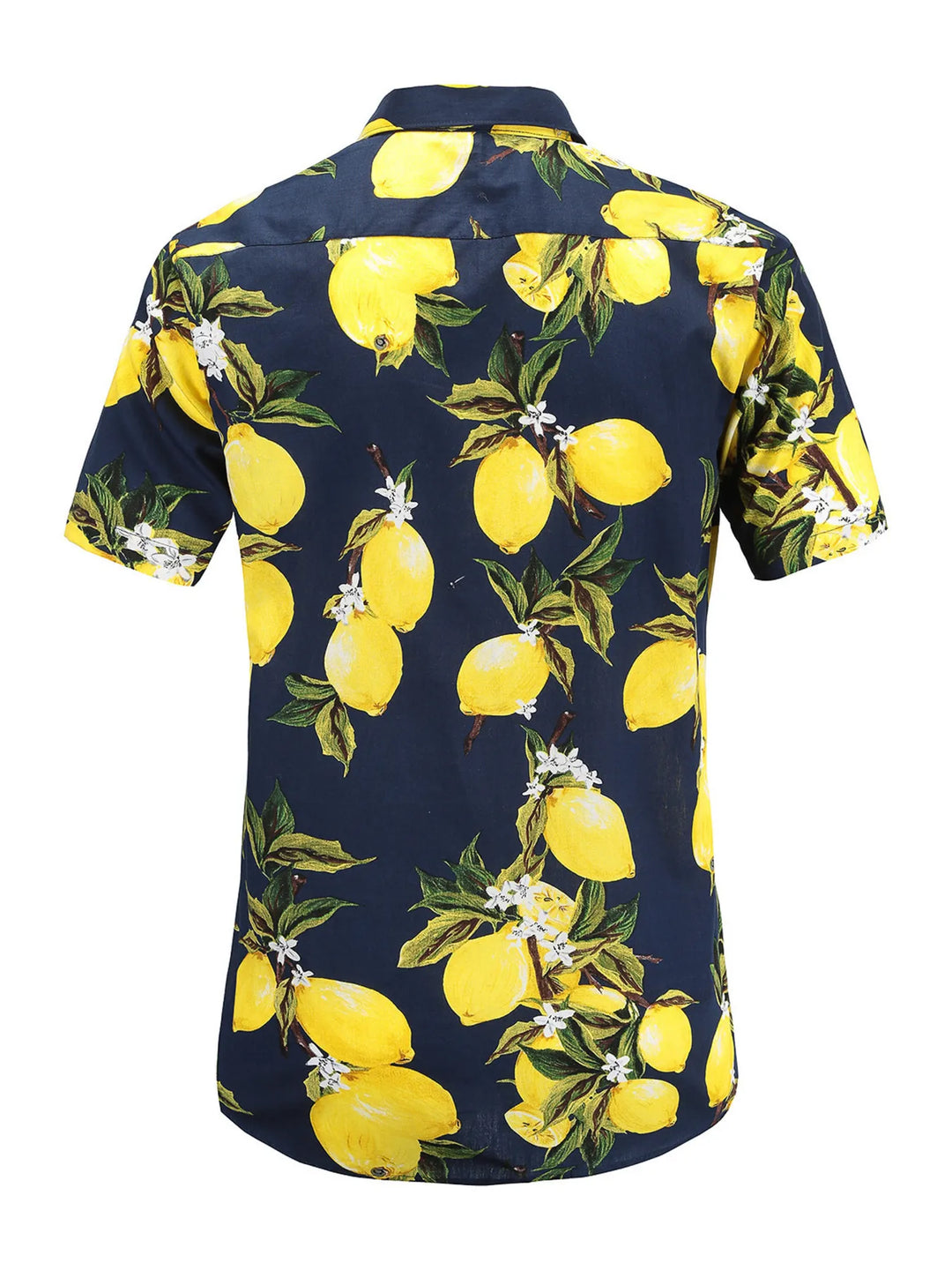 Navy citrus print shirt viewed from the back with yellow lemons, green leaves, white flowers and short sleeves against white.
