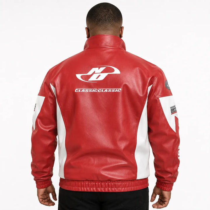 Red colorblock zip-up jacket back view with contrast white panels, printed graphic detail, elasticated cuffs and hem in view.