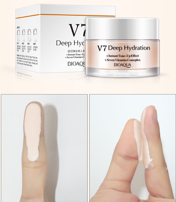 Supplier illustration showing a peach BIOAQUA V7 cosmetic jar and carton above two close views of cream spread on fingertips.