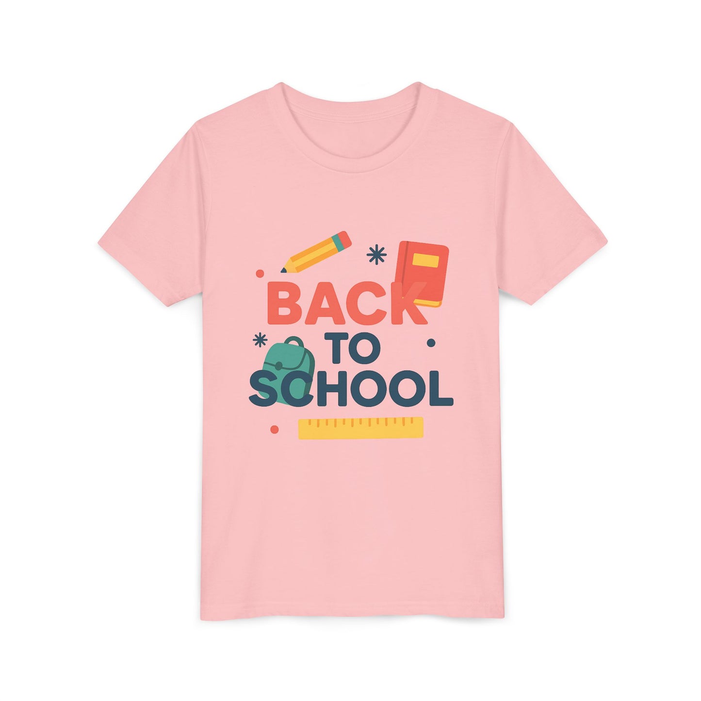 Pink youth back to school graphic tee with school icons